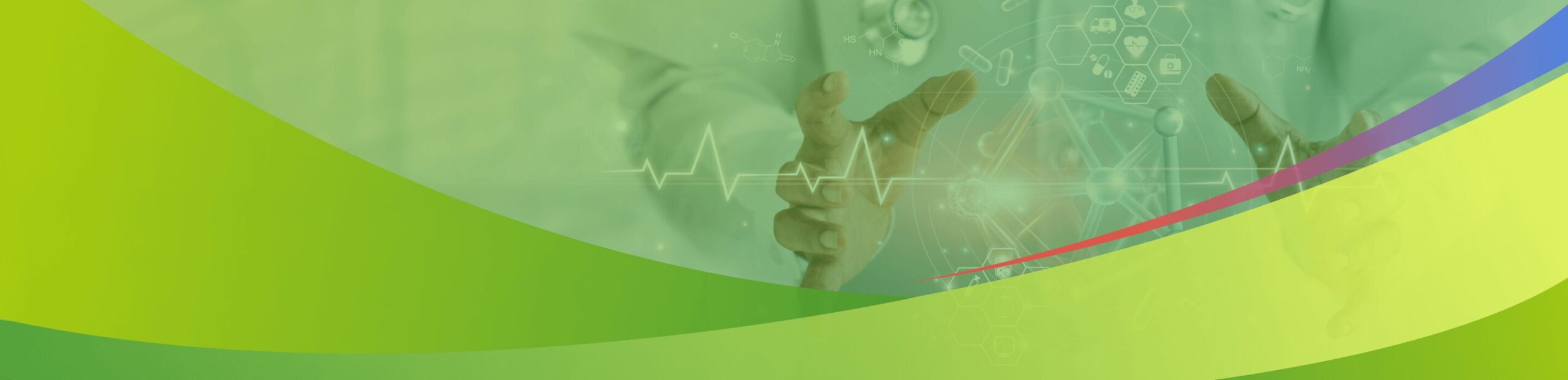 医療技術とグローバルネットワークを象徴する緑と青の波形デザイン背景