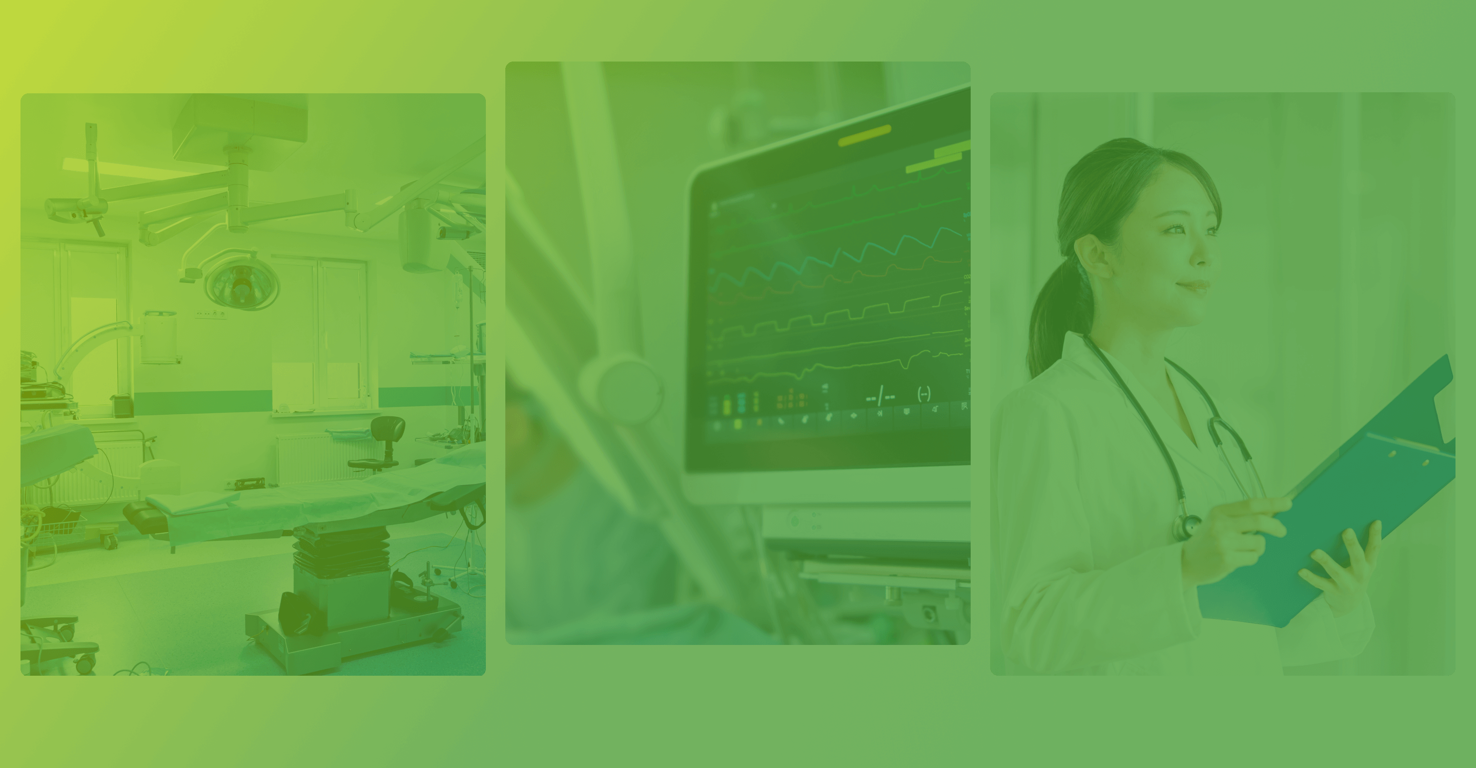 医療機器と医療従事者が並ぶメインビジュアル。モニターや手術室、医師の写真を組み合わせたデザイン