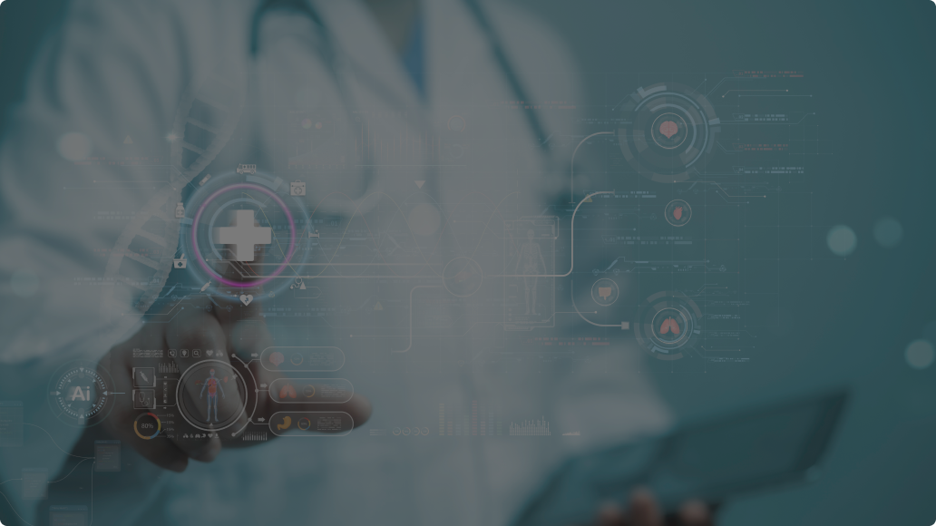 医療テクノロジーを象徴するデジタル画面と十字アイコン