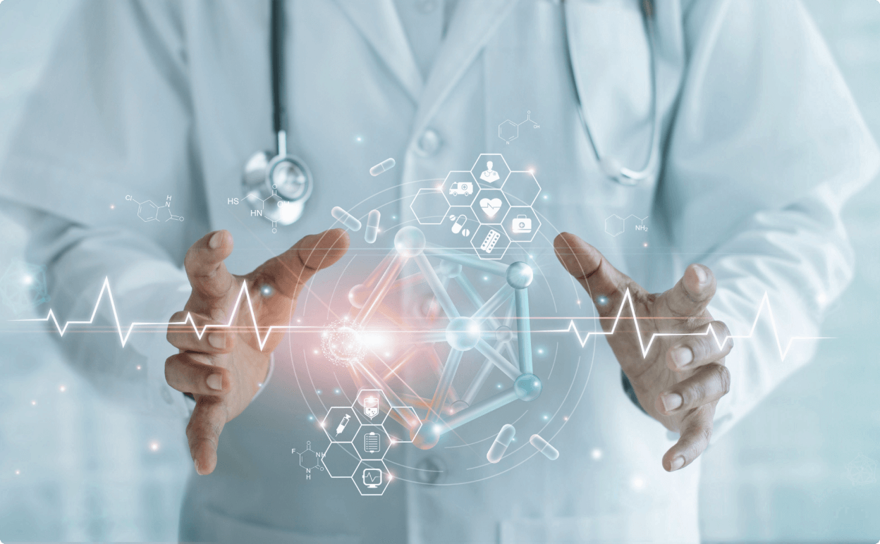 医師が医療技術やデジタルヘルスケアを象徴する分子構造を手で包み込む様子